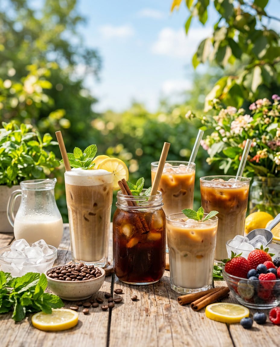 13 Summer Iced Coffee Recipes Under 100 Calories That Still Taste Like a Café Treat 15 An overhead view of several iced coffee drinks in various glasses arranged on a wooden table outdoors, with fresh fruit slices, coffee beans, and garnish sprigs spread around them.