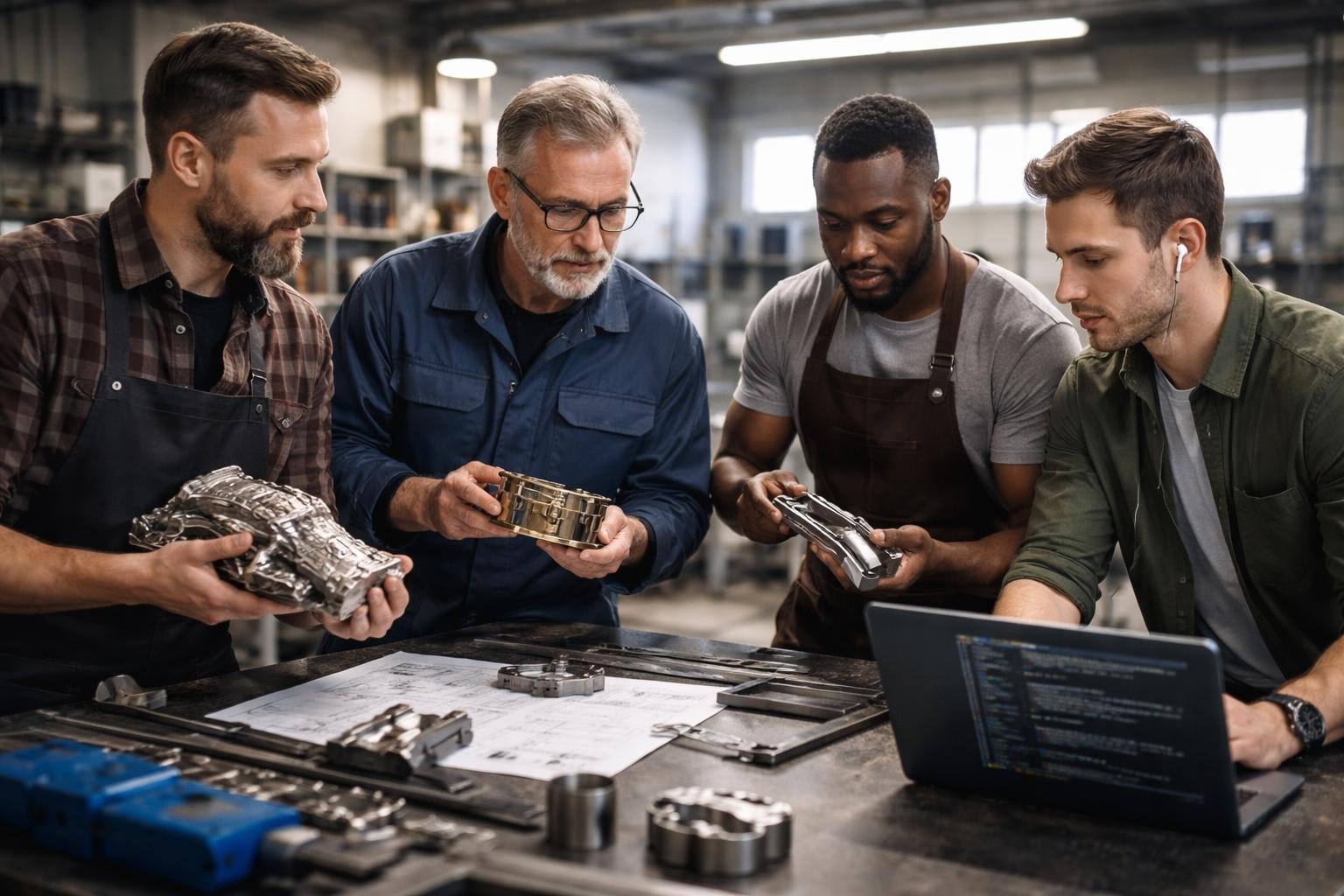Quatre personnes dans un atelier industriel collaborent, un armurier, un serrurier, un sidérurgiste et un programmeur regardant un ordinateur portable ensemble.