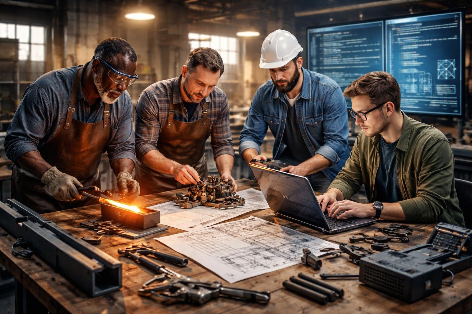 Un groupe de trois artisans et un programmeur travaillent ensemble autour d'une table avec des outils, des plans et un ordinateur dans un atelier lumineux.