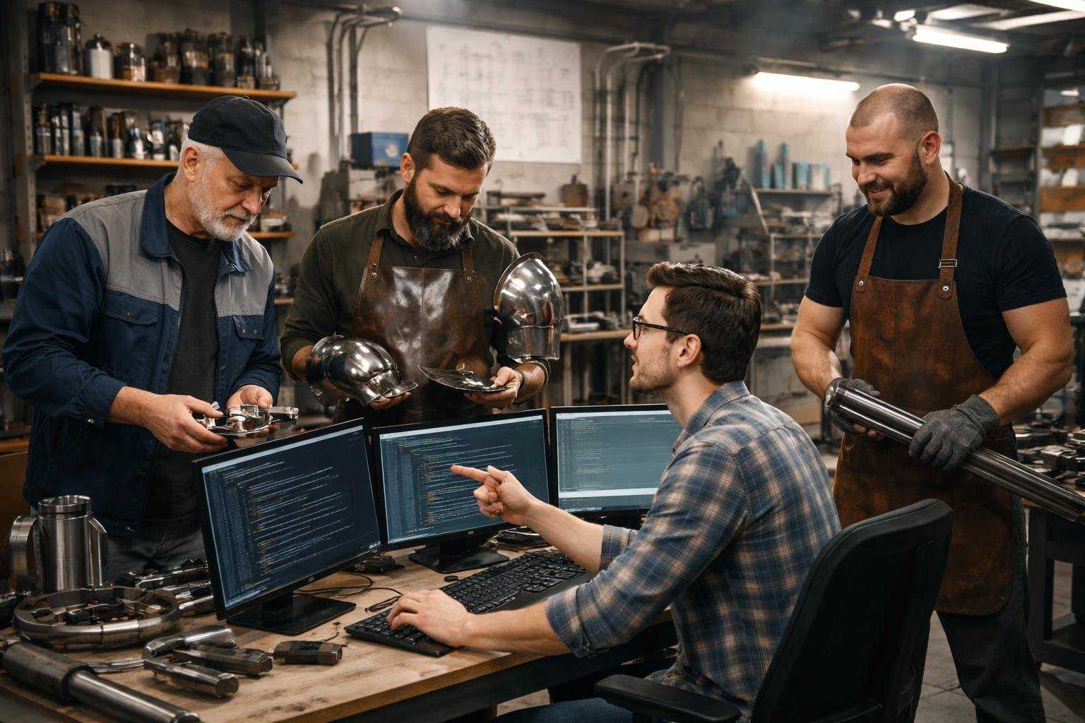Un serrurier, un armurier, un sidérurgiste et un programmeur collaborent dans un atelier industriel moderne avec des outils, des pièces métalliques et des ordinateurs.
