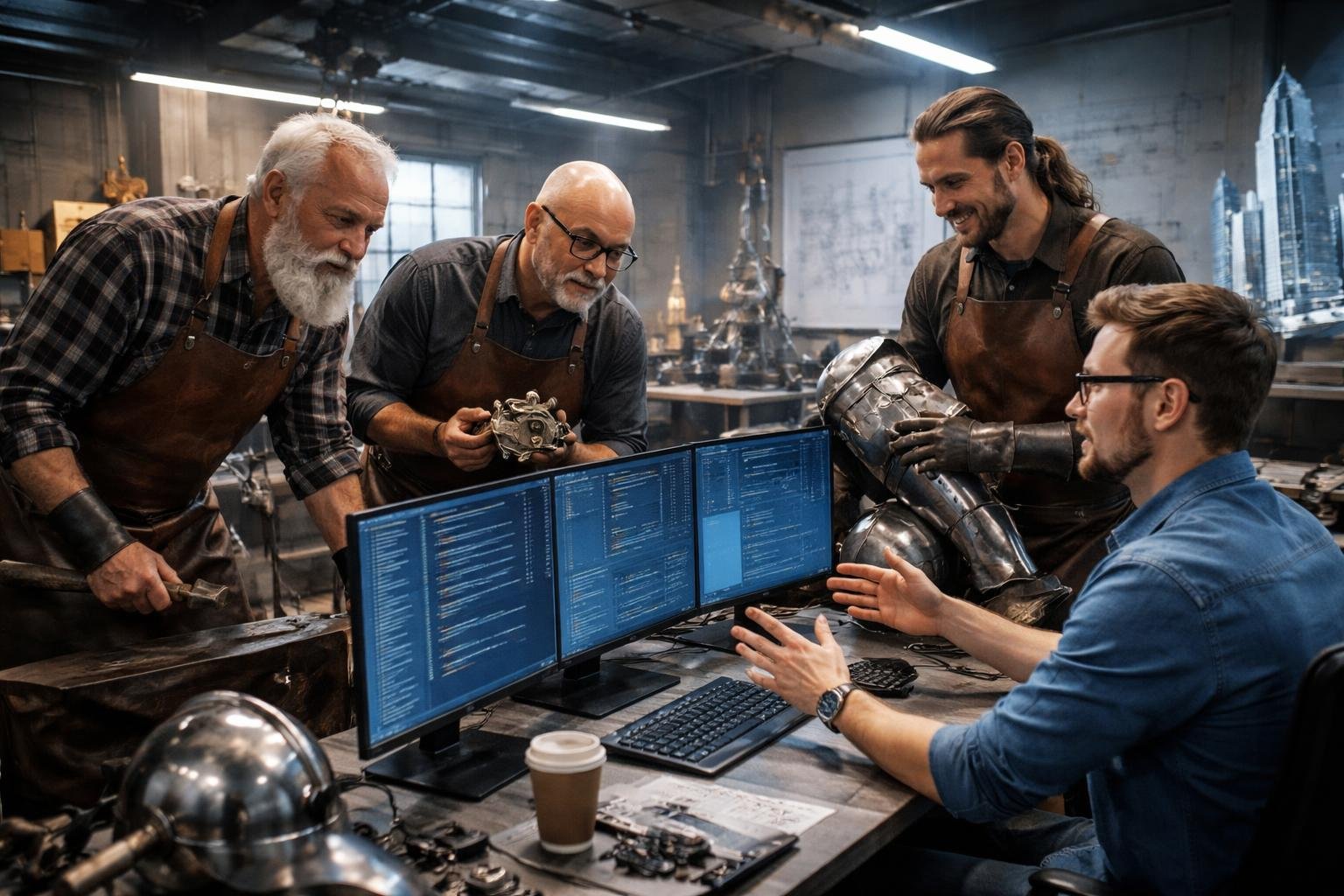 Quatre personnes collaborent dans un atelier industriel, un armurier, un serrurier, un sidérurgiste et un programmeur discutent autour d'un bureau avec des outils, des pièces en métal et des écrans d'ordinateur affichant du code.
