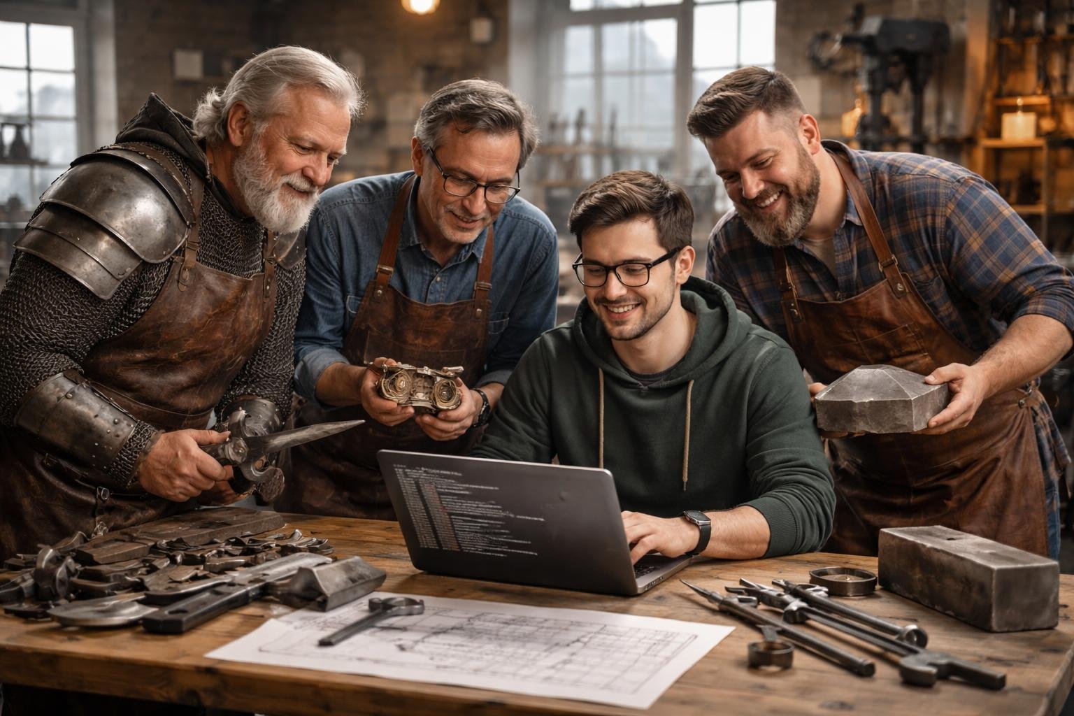 Un armurier, un serrurier et un sidérurgiste collaborent avec un programmeur autour d'une table dans un atelier, combinant outils métalliques et ordinateur portable.