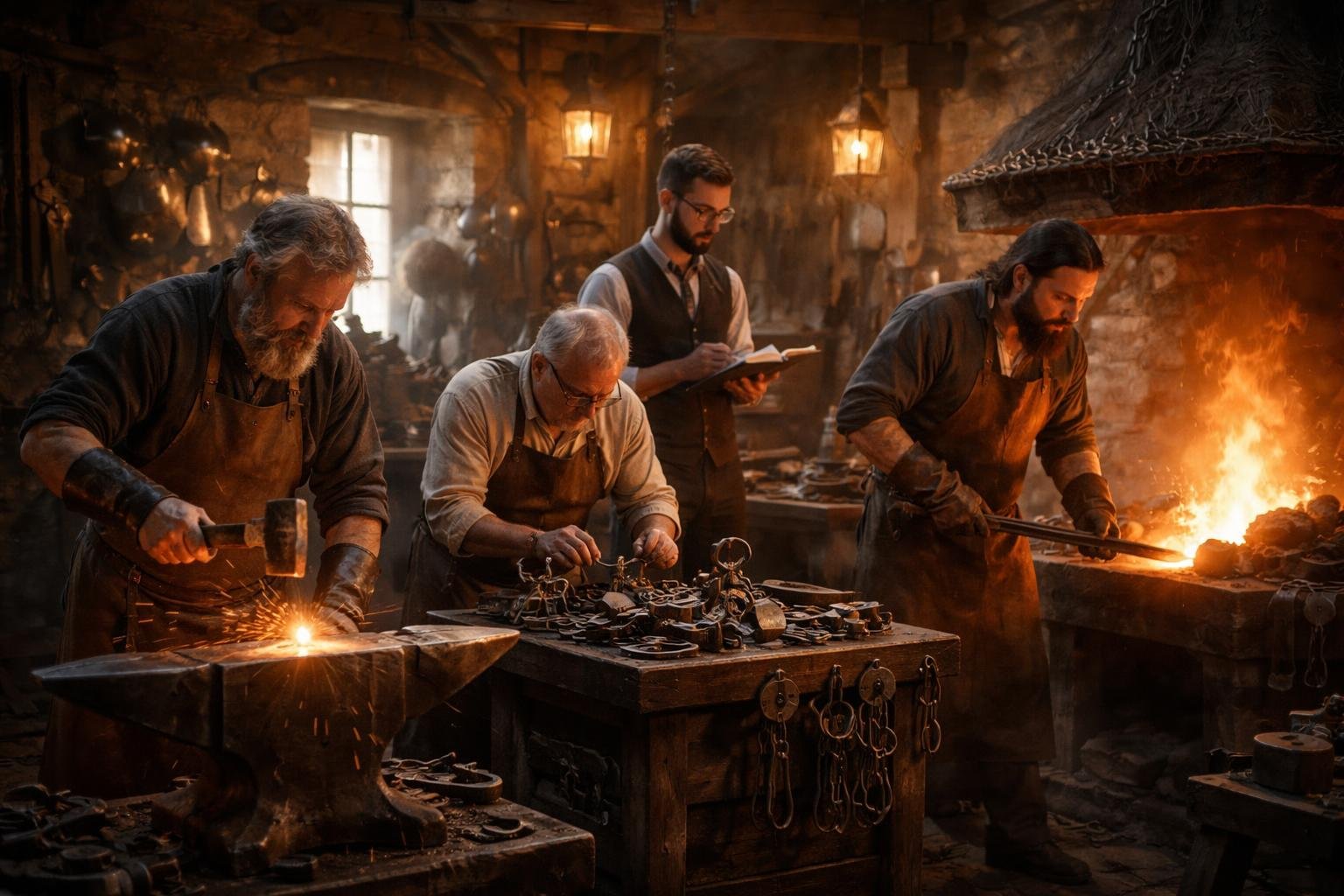 Trois artisans travaillant ensemble dans une forge traditionnelle tandis qu'un chercheur les observe attentivement.
