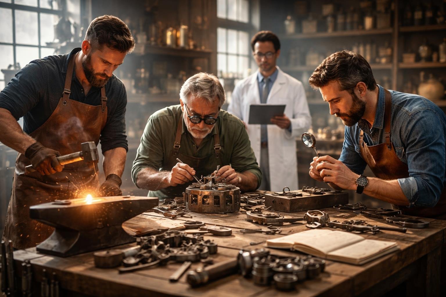 Trois artisans travaillent ensemble dans un atelier : un armurier frappe du métal, un serrurier examine une serrure, un sidérurgiste analyse un échantillon, tandis qu'un chercheur observe à proximité.