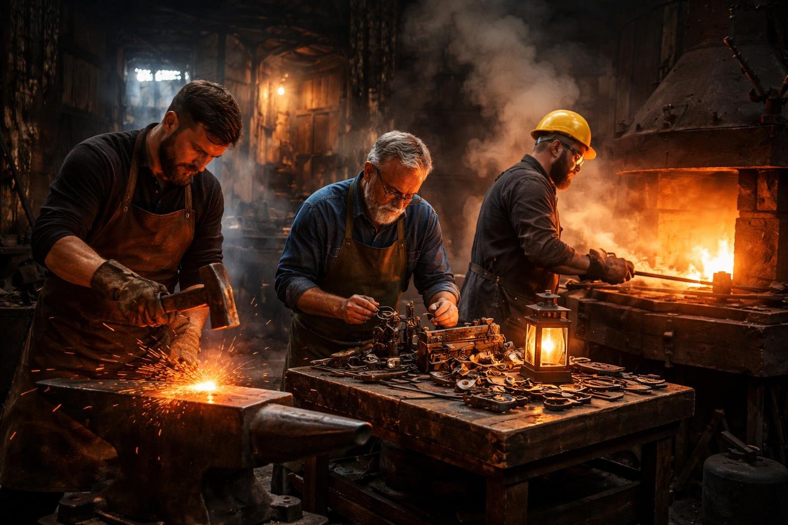 Un forgeron, un serrurier et un sidérurgiste travaillent ensemble dans une forge avec du métal en fusion et des outils autour d'eux.