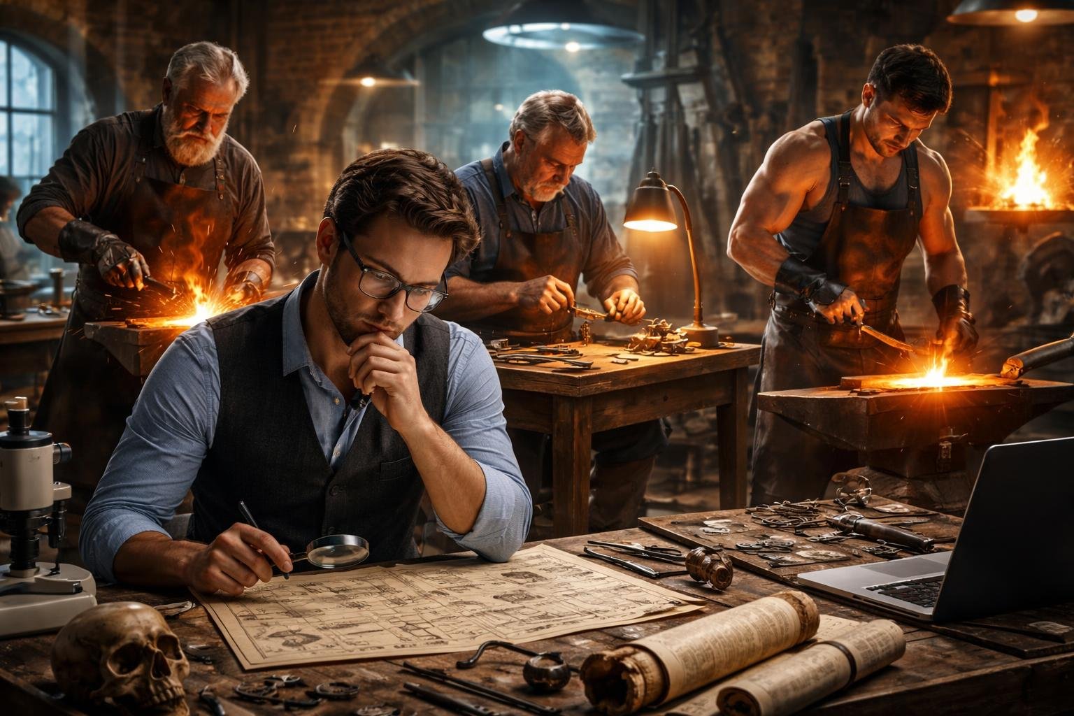Un chercheur entouré d'un armurier, d'un serrurier et d'un sidérurgiste travaillant ensemble dans un atelier mêlant forge traditionnelle et laboratoire moderne.