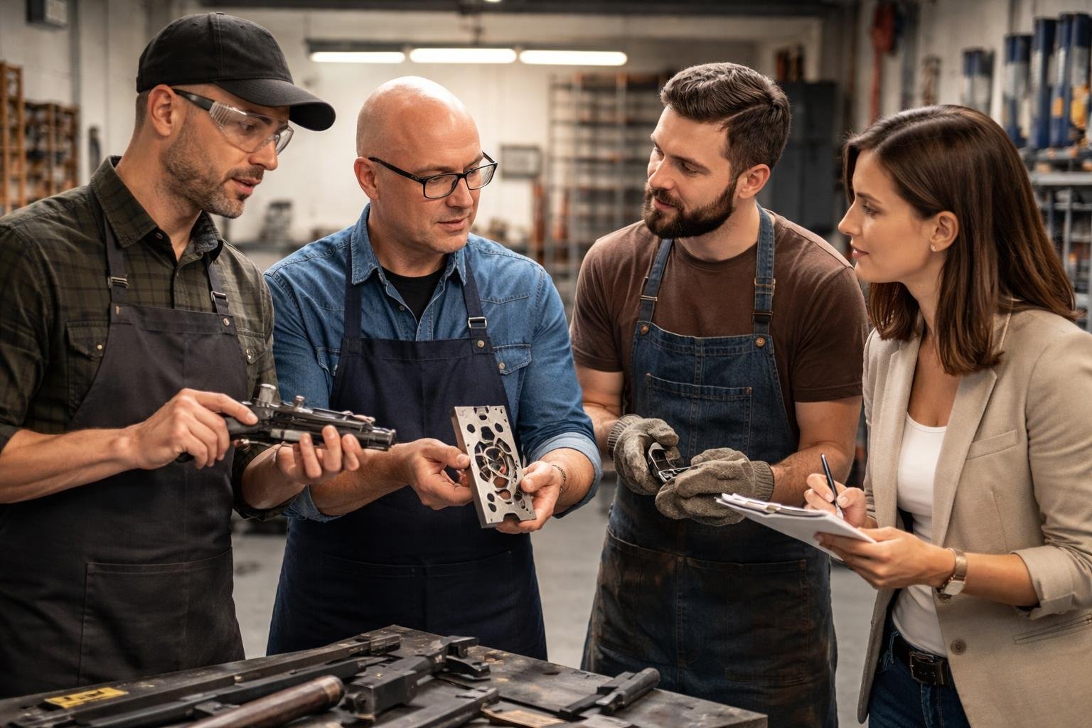 Quatre personnes dans un atelier, un armurier, un serrurier et un sidérurgiste aident un journaliste en lui montrant des outils et des pièces métalliques.