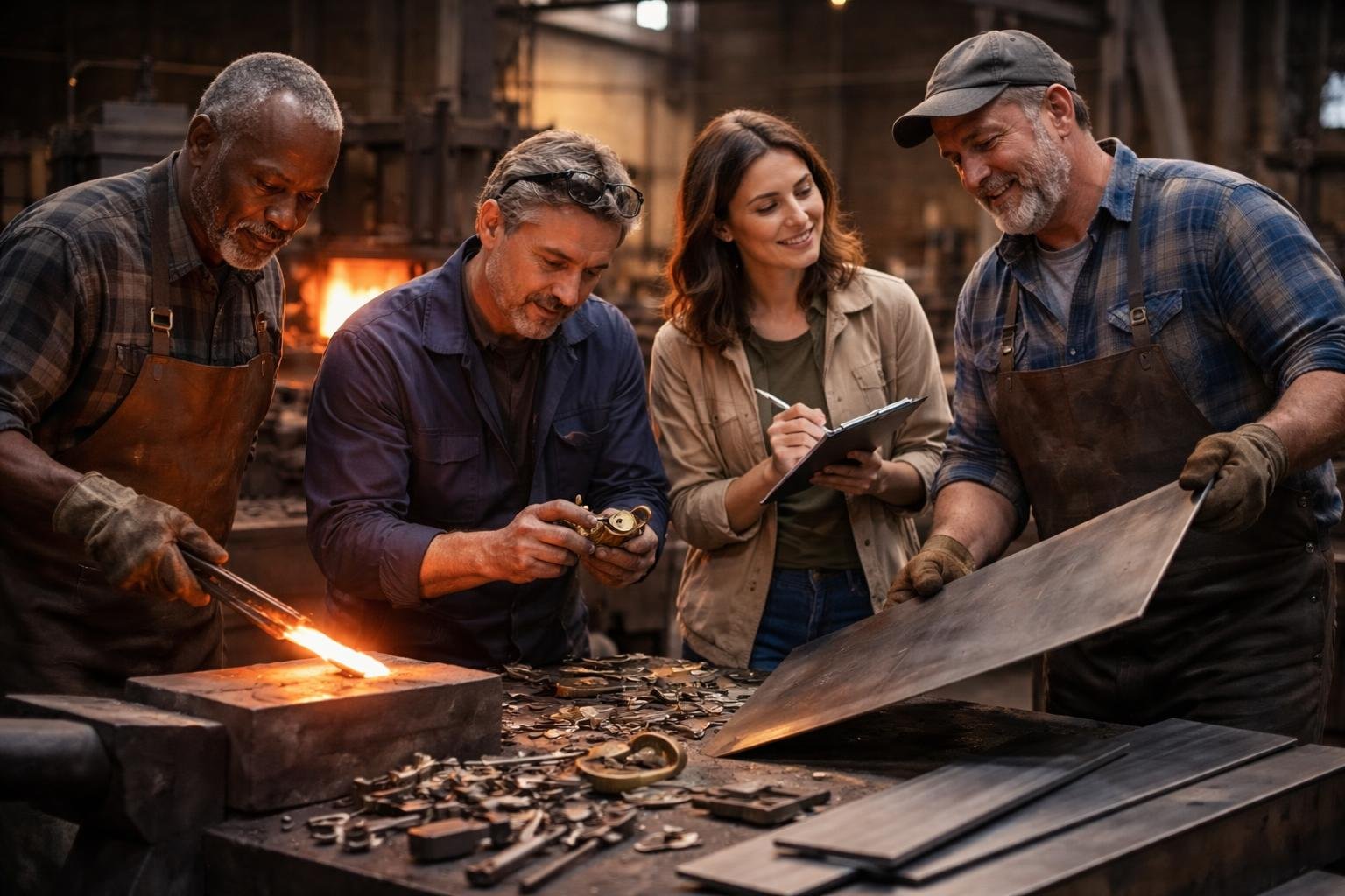 Un forgeron, un serrurier et un sidérurgiste aident un journaliste dans un atelier industriel avec des outils et des métaux bruts.
