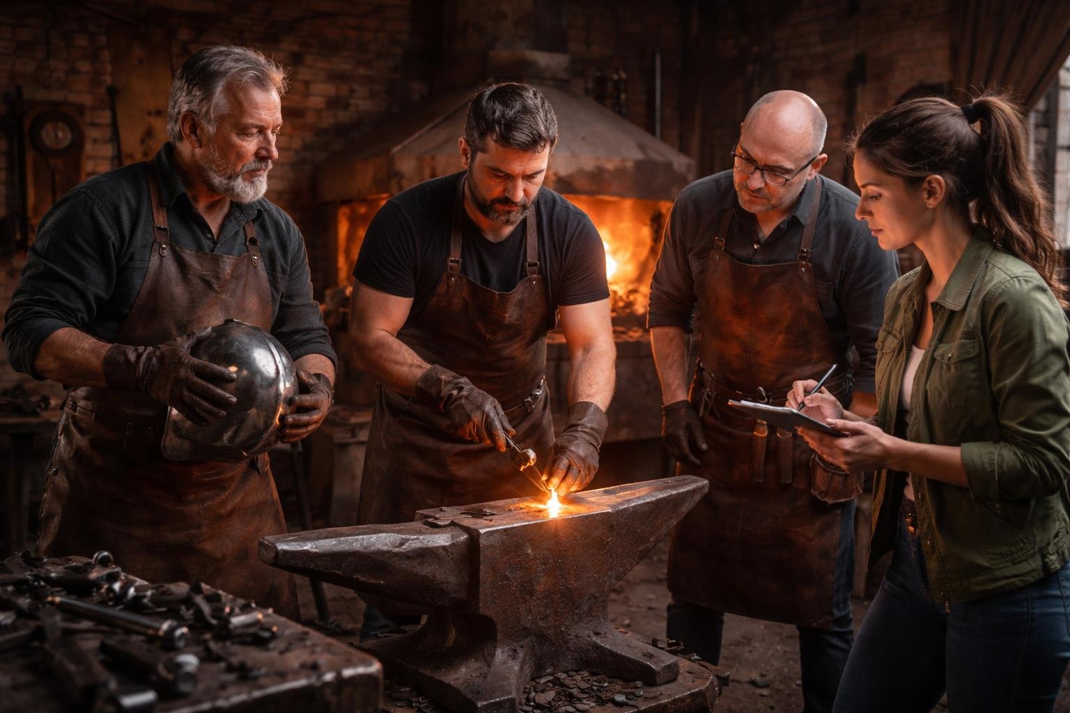 Trois artisans travaillant ensemble dans une forge, aidant un journaliste qui prend des notes.