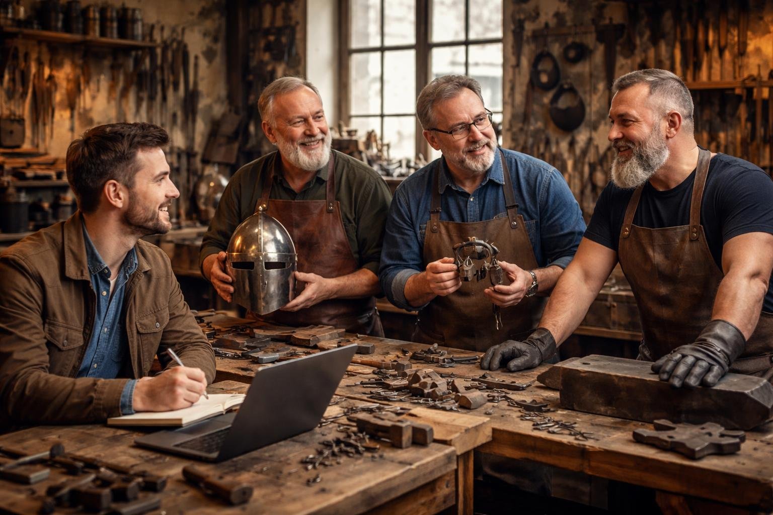 Un journaliste discute avec un armurier, un serrurier et un sidérurgiste dans un atelier traditionnel rempli d'outils et de pièces en métal.