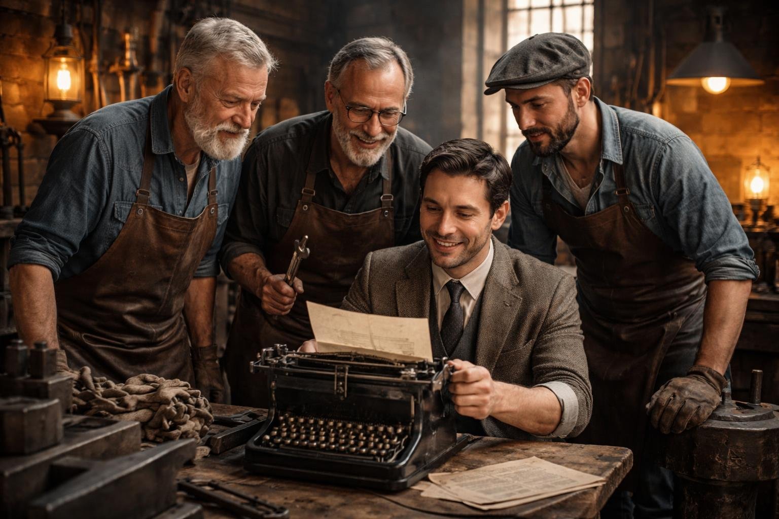 Trois artisans, un armurier, un serrurier et un sidérurgiste, travaillent ensemble dans un atelier traditionnel pour aider un journaliste avec une machine à écrire ancienne.