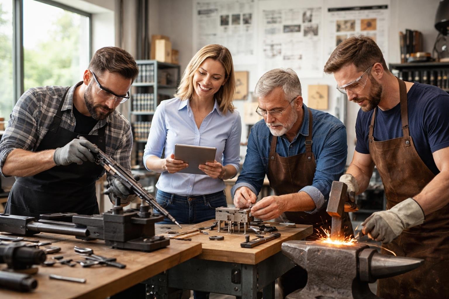 Un enseignant observe attentivement un armurier, un serrurier et un sidérurgiste travaillant ensemble dans un atelier lumineux, transmettant des connaissances pratiques.