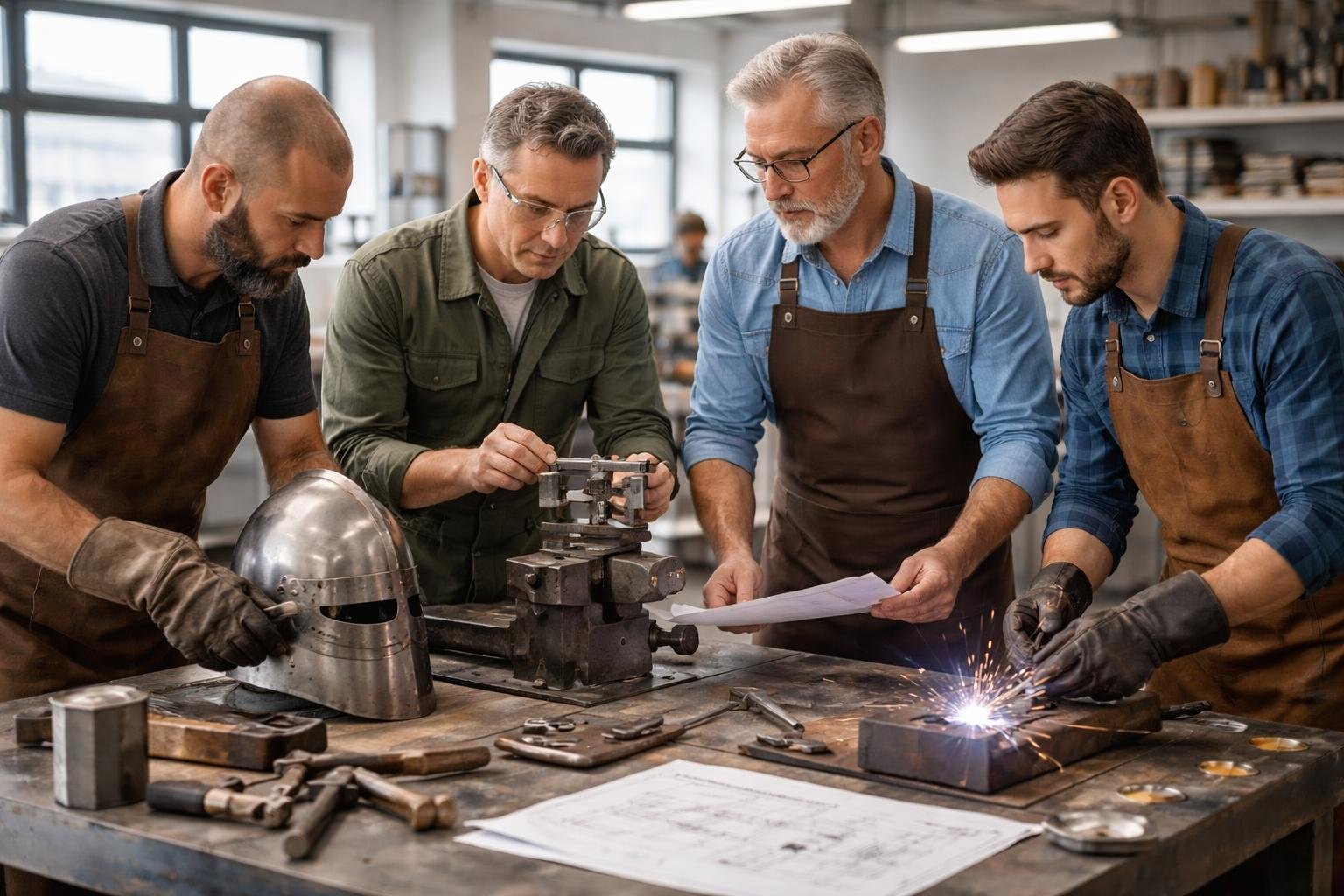 Un armurier, un serrurier et un sidérurgiste travaillent ensemble avec un enseignant dans un atelier lumineux, partageant leurs savoir-faire.