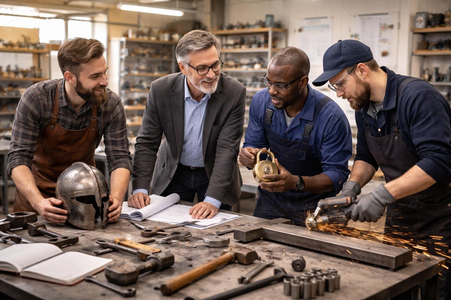 Un enseignant collaborant avec un armurier, un serrurier et un sidérurgiste dans un atelier lumineux, discutant autour d'une table avec des outils et des plans.