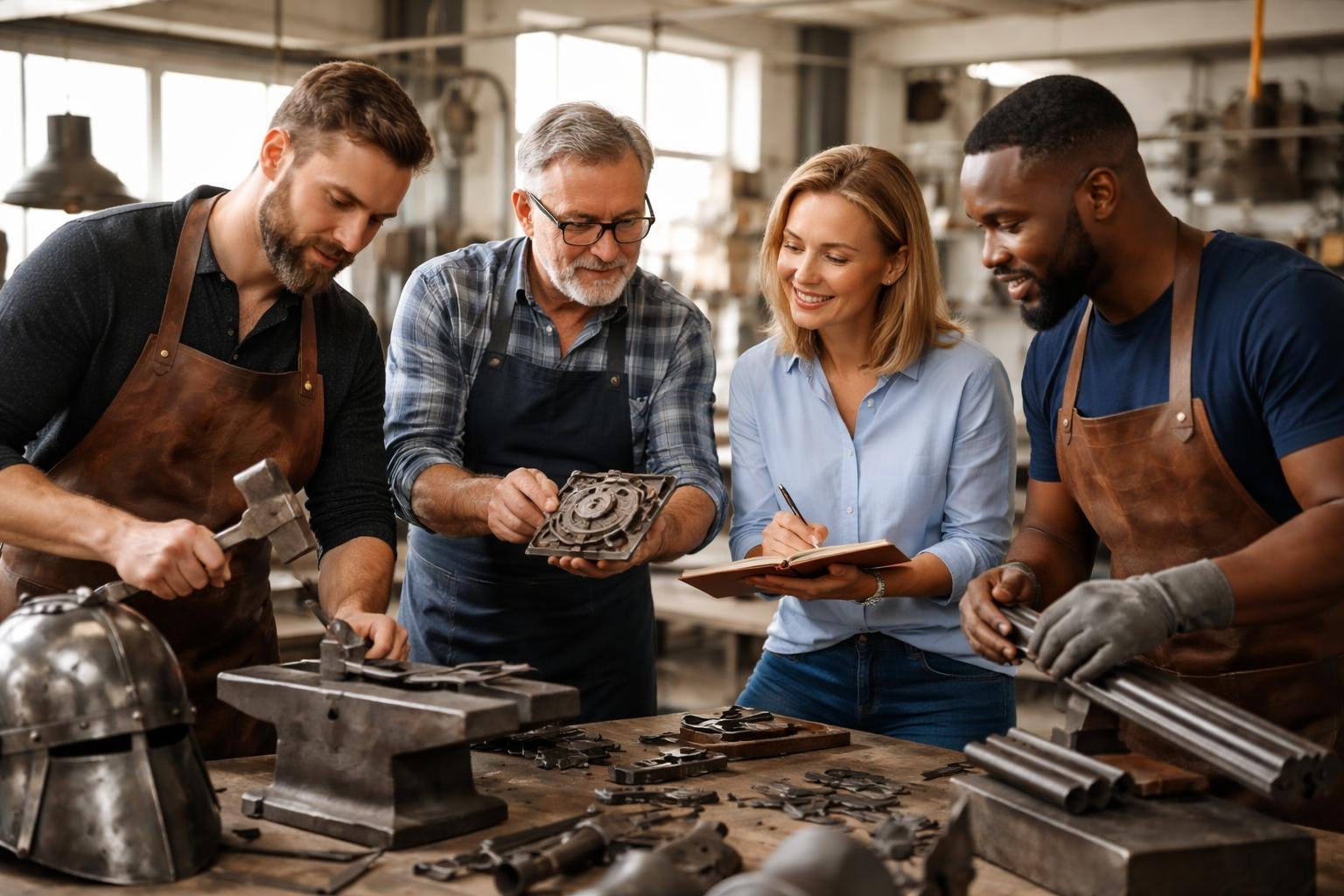 Un armurier, un serrurier et un sidérurgiste aident un enseignant dans un atelier industriel lumineux, en train de travailler ensemble sur des outils et du métal.