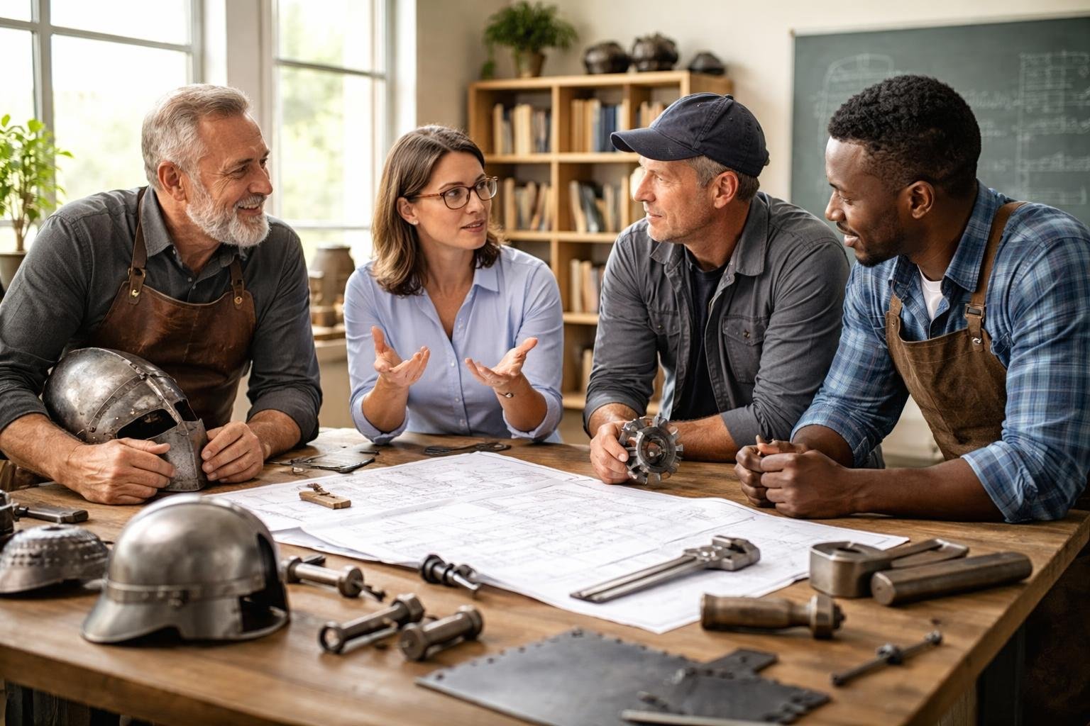 Un enseignant discute avec un armurier, un serrurier et un sidérurgiste autour d'une table avec des plans et des outils dans une salle lumineuse équipée de livres et d'objets liés au travail du métal.
