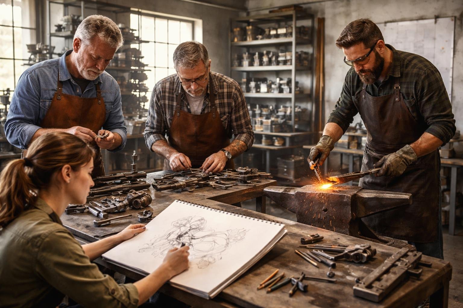 Quatre personnes dans un atelier industriel collaborent à la création d'une sculpture en métal, avec des outils et du matériel de travail en métal autour d'eux.