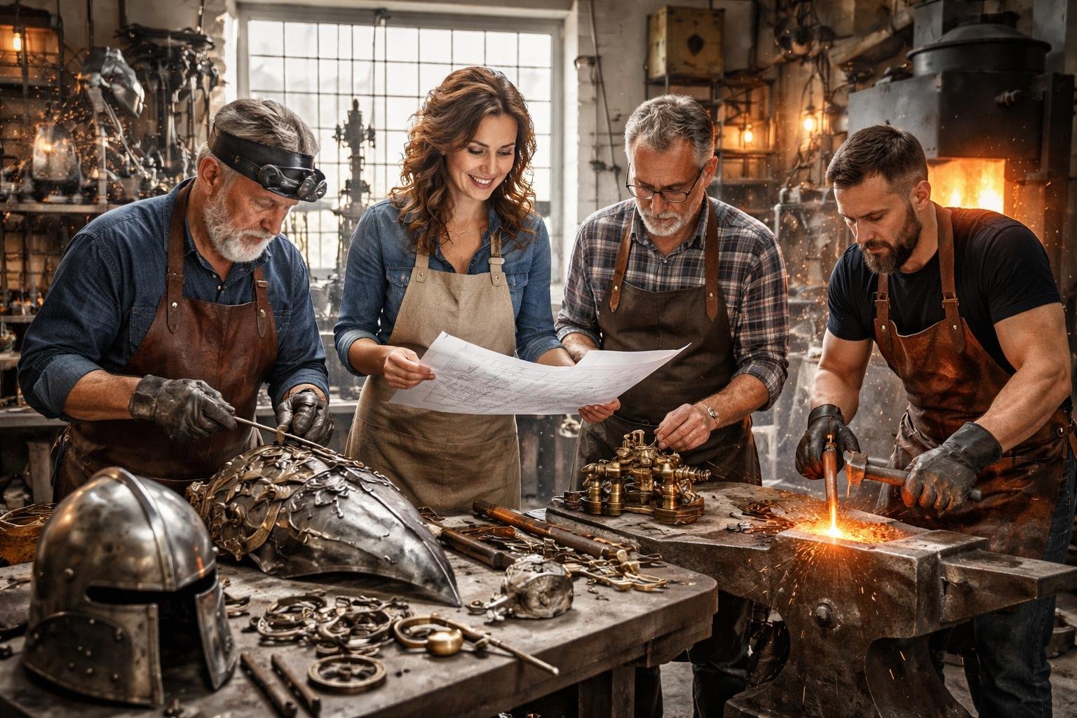 Un armurier, un serrurier et un sidérurgiste travaillent ensemble avec un artiste dans un atelier, entourés d'outils et de matériaux métalliques.