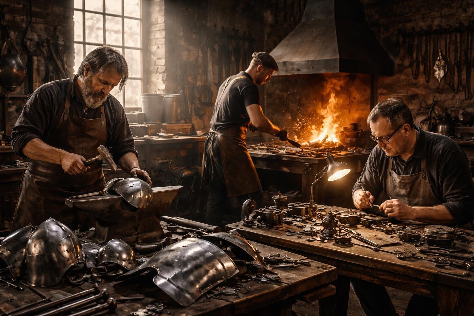 Un atelier d’artisans du fer avec un armurier, un serrurier et un sidérurgiste travaillant ensemble sur des pièces en métal dans un environnement lumineux et bien équipé.