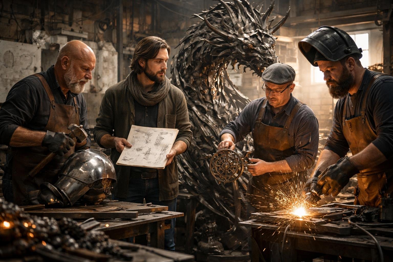 Un atelier où un armurier, un serrurier et un sidérurgiste aident un artiste à créer une sculpture en métal.