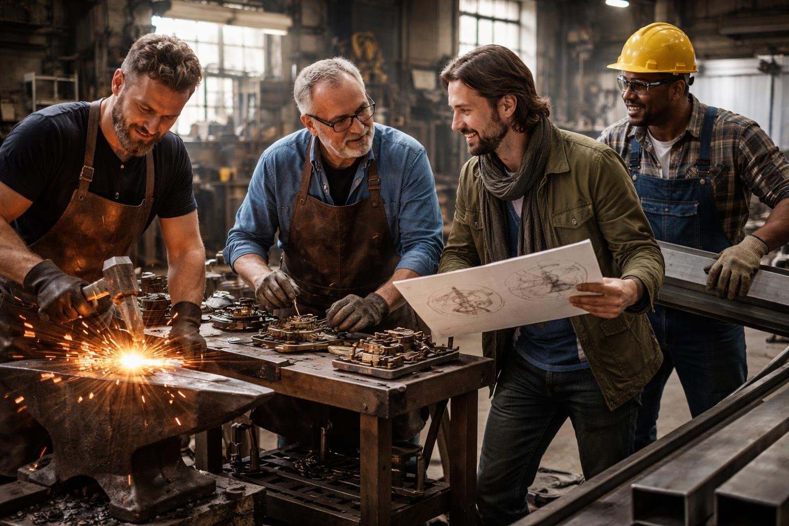 Un artiste travaille avec un armurier, un serrurier et un sidérurgiste dans un atelier, entourés d'outils et de matériaux métalliques.