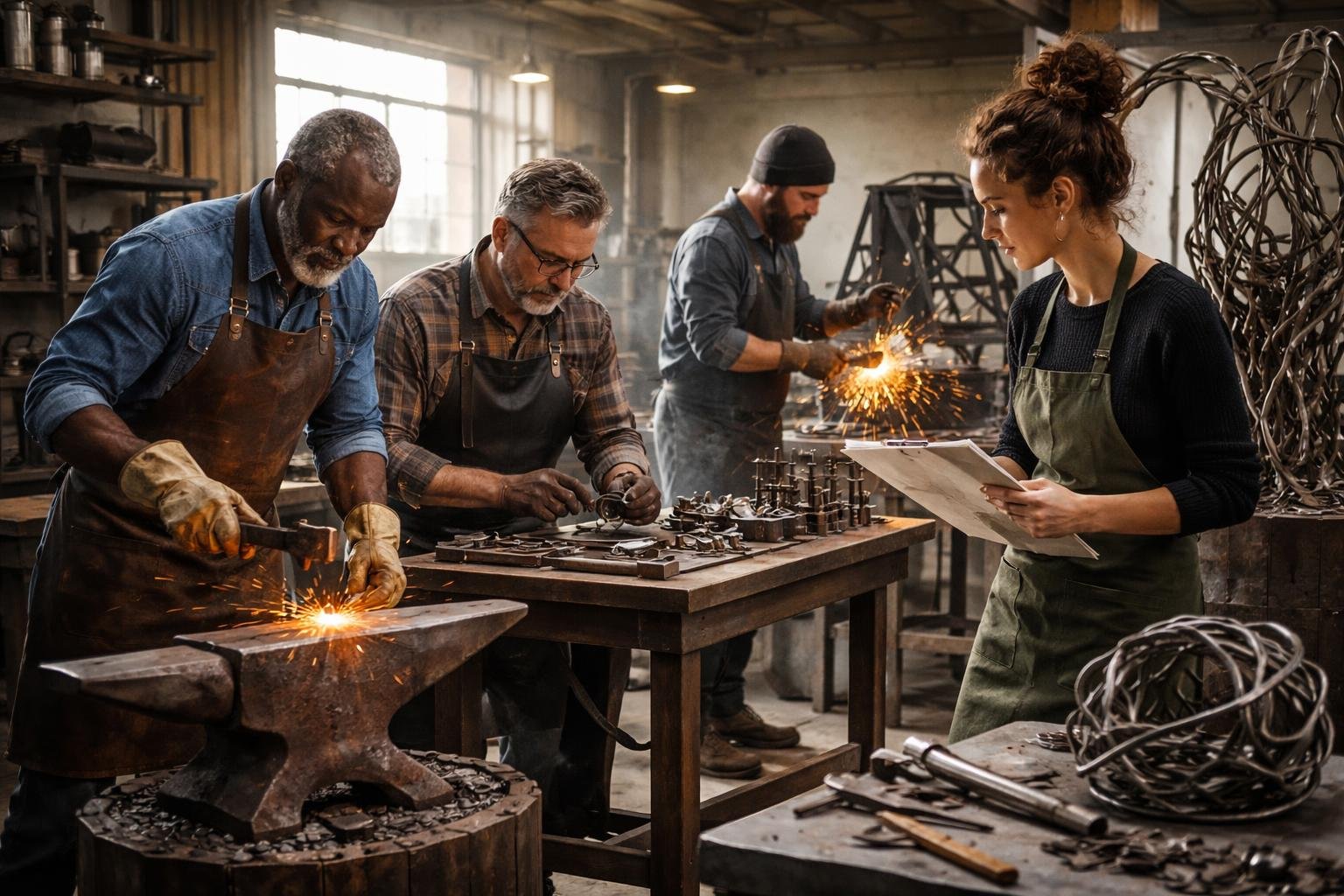 Un forgeron, un serrurier, un sidérurgiste et un artiste travaillent ensemble dans un atelier industriel, façonnant et créant des œuvres en métal.