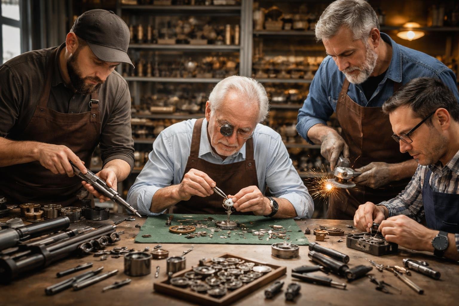 Quatre artisans travaillent ensemble dans un atelier, un horloger examine un mécanisme de montre pendant qu'un armurier, un serrurier et un sidérurgiste manipulent des outils et des pièces métalliques.