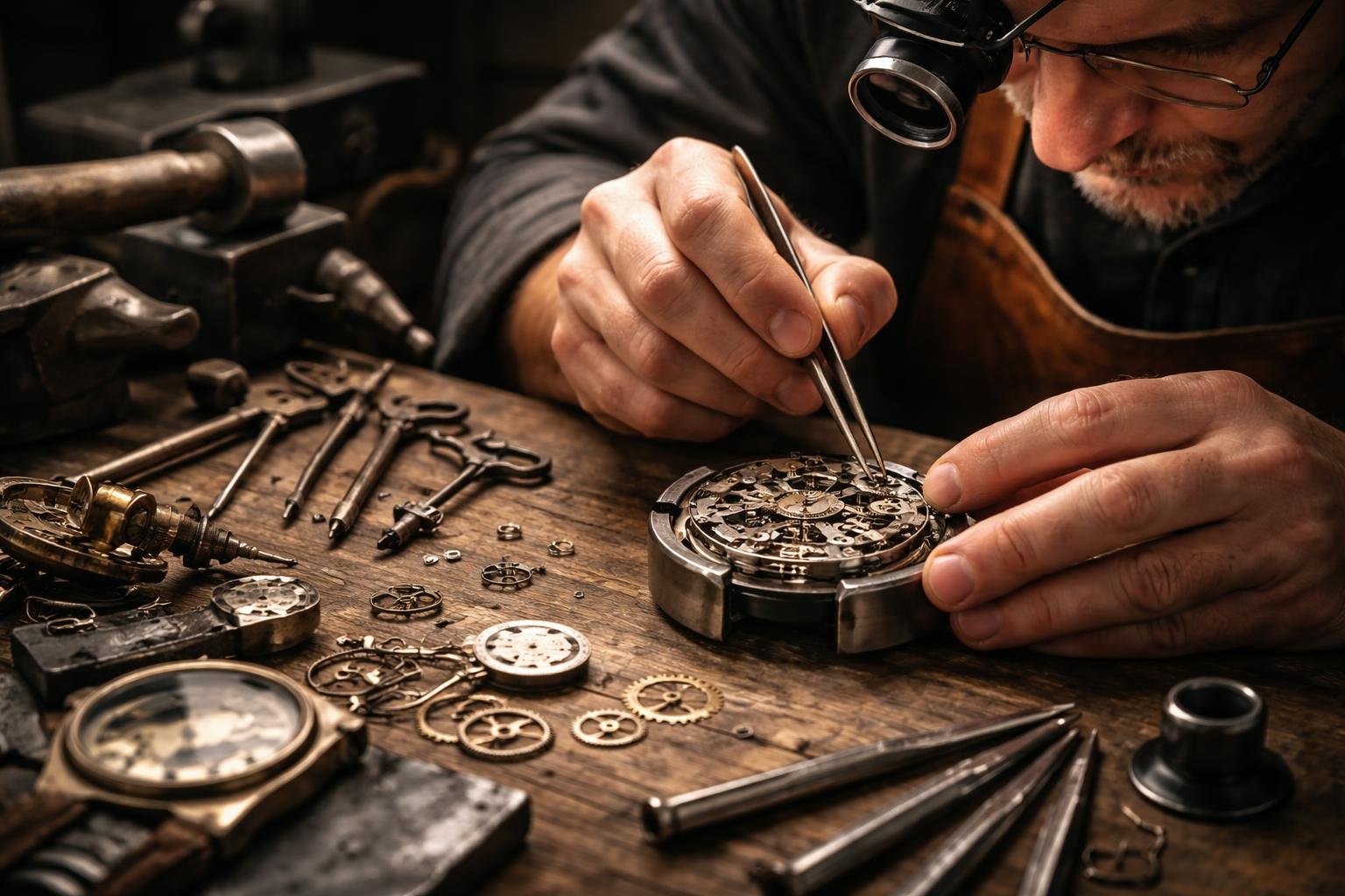 Un horloger assemble minutieusement une montre mécanique sur un établi en bois, entouré d'outils de serrurier, d'armurier et de sidérurgiste.
