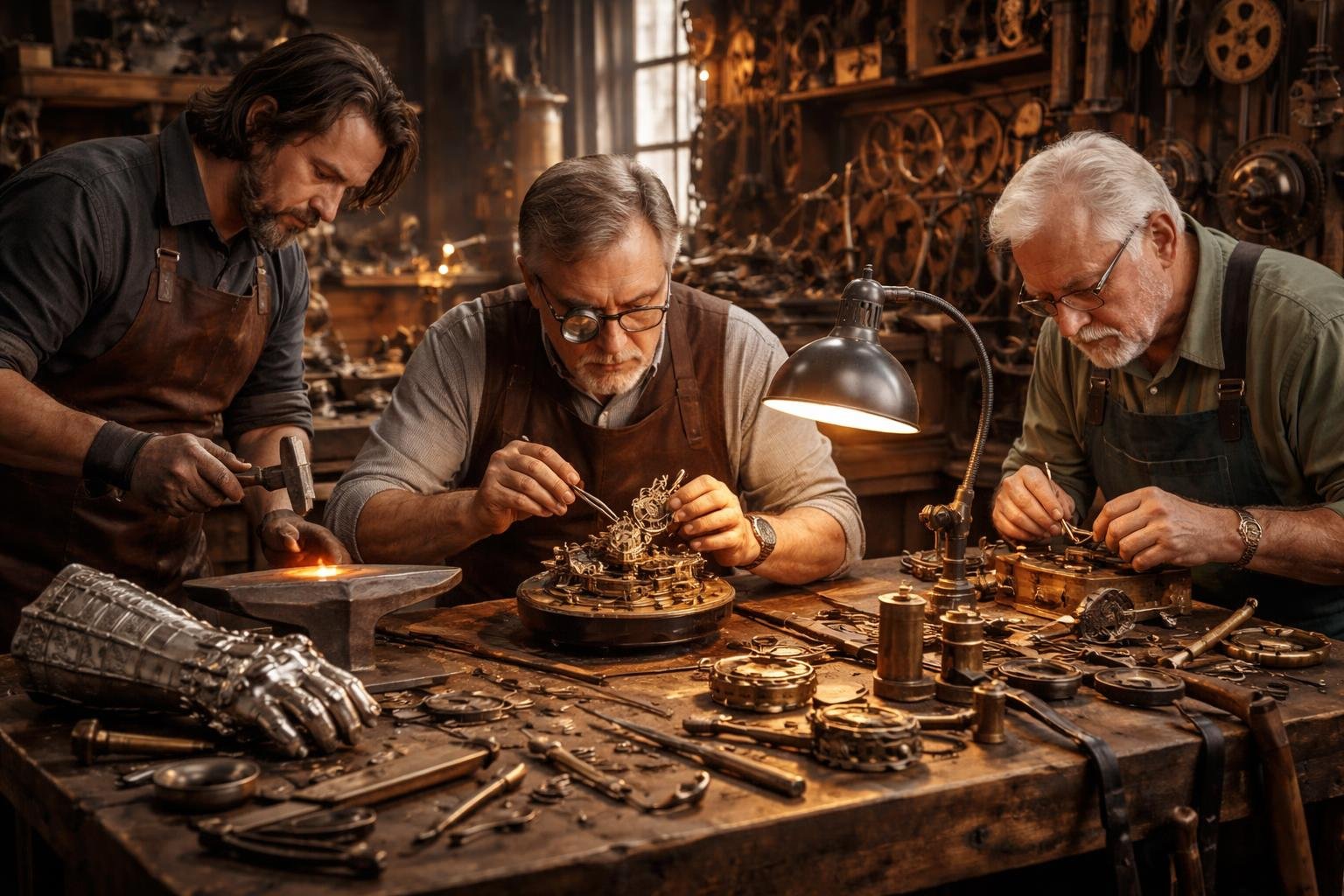 Trois artisans, un armurier, un serrurier et un sidérurgiste, travaillent ensemble avec un horloger dans un atelier rempli d'outils et de pièces métalliques.
