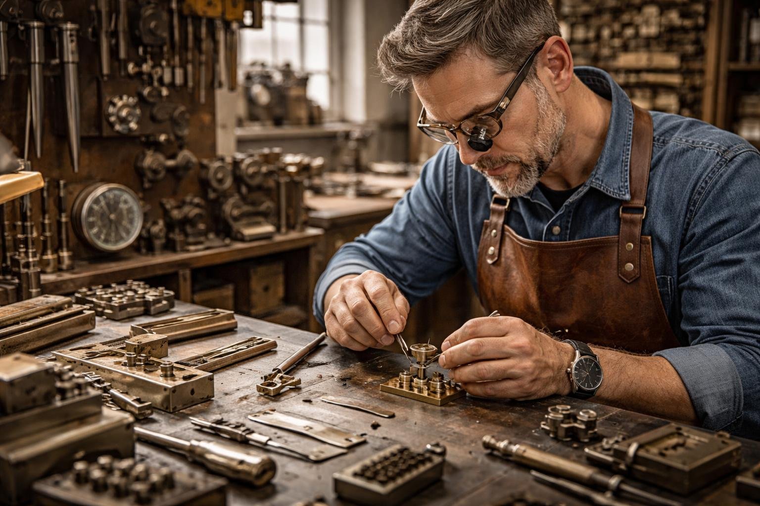 Un serrurier travaille avec précision sur de petites pièces mécaniques dans un atelier rempli d'outils et d'équipements métalliques.