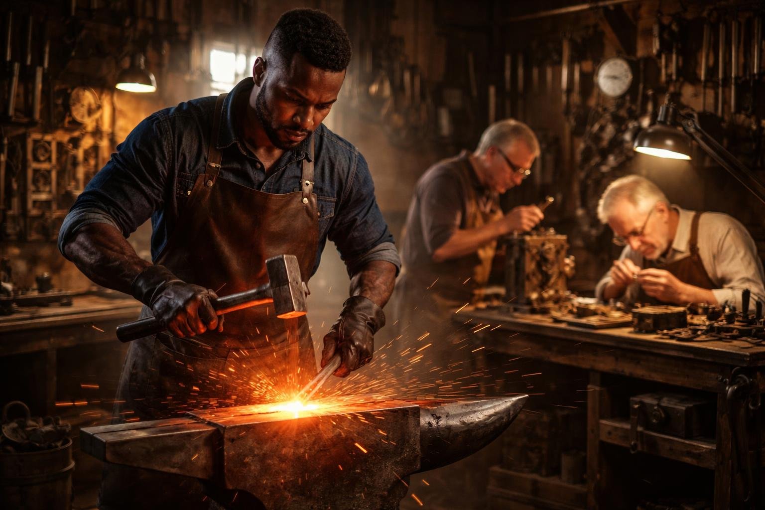 Un sidérurgiste travaille le métal en fusion dans une forge, avec un serrurier et un horloger en arrière-plan dans un atelier rempli d'outils.