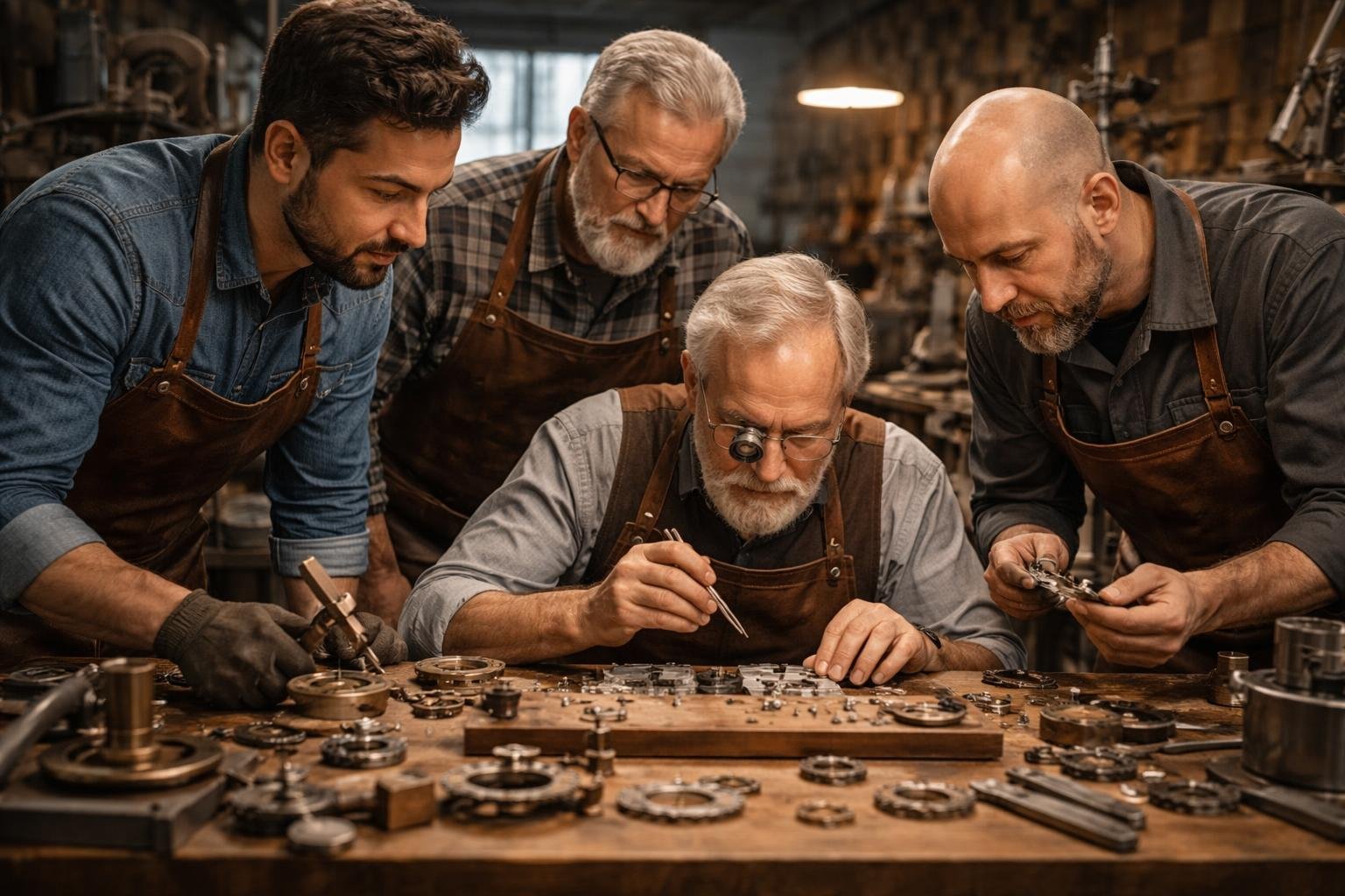Un armurier, un serrurier et un sidérurgiste aident un horloger à examiner des composants de montre dans un atelier industriel.