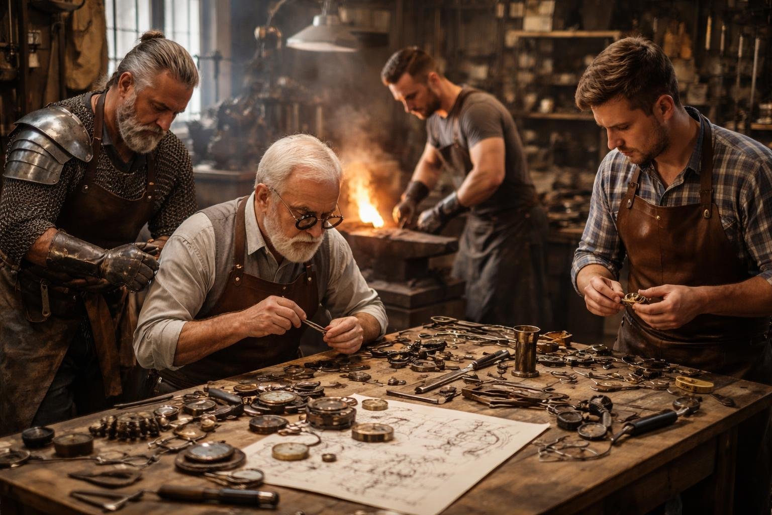 Quatre artisans, un horloger, un armurier, un serrurier et un sidérurgiste, travaillent ensemble autour d'un établi avec des pièces d'horlogerie et des outils métalliques dans un atelier lumineux.