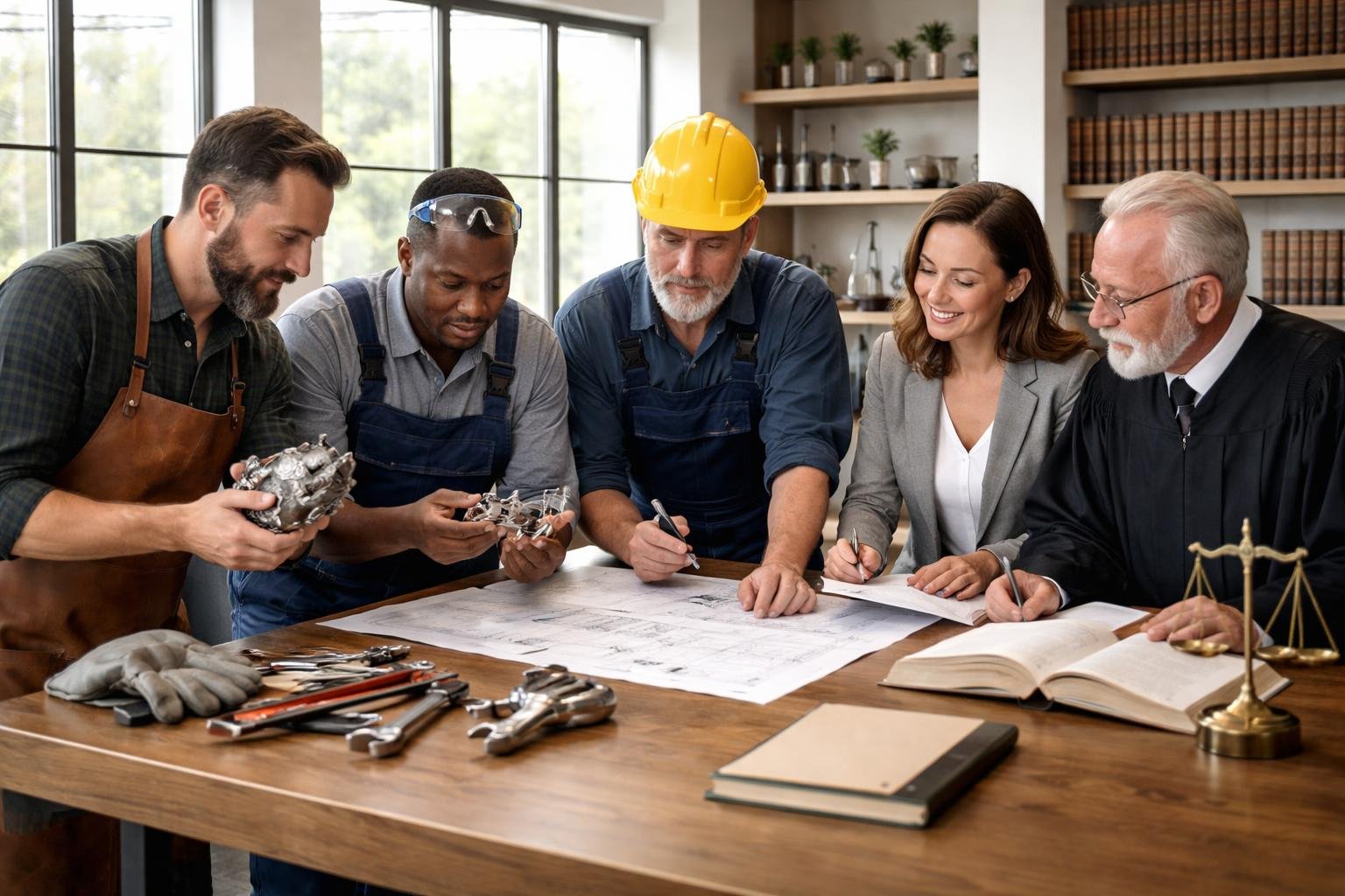 Cinq professionnels de différents métiers collaborent autour d'une table dans un bureau lumineux, examinant des outils, des documents et des plans.