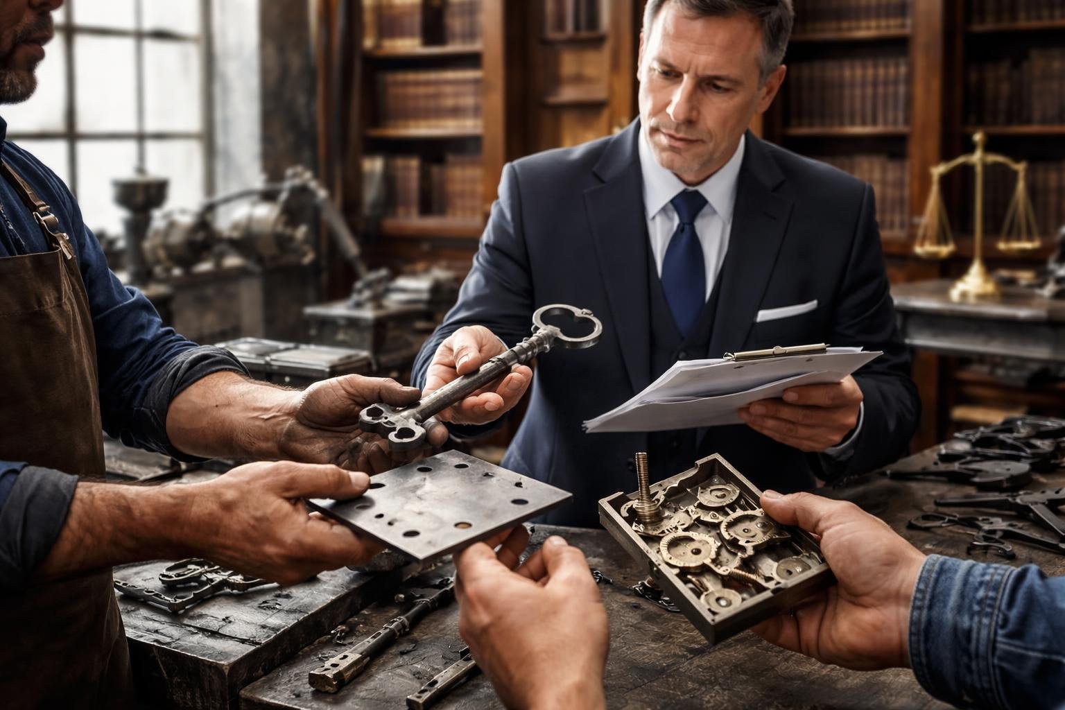 Un armurier, un serrurier et un sidérurgiste remettant des objets en métal à un juriste dans un bureau de droit.