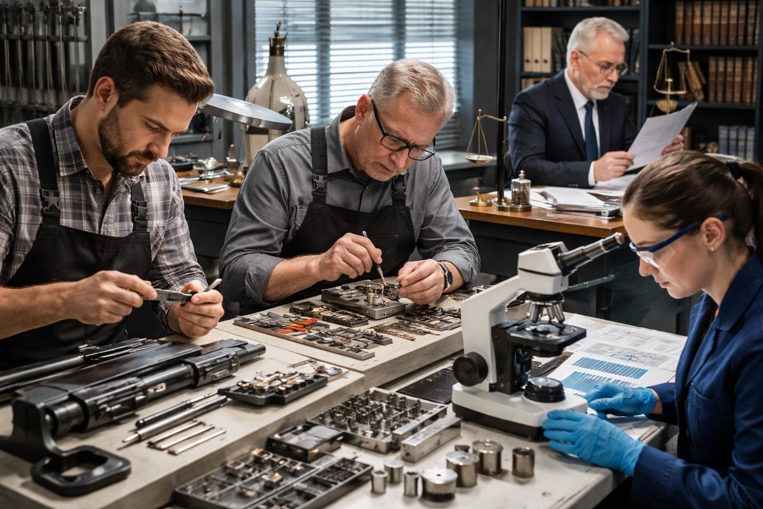 Trois professionnels, un armurier, un serrurier et un sidérurgiste, travaillent ensemble dans un atelier tandis qu'un juriste examine des documents à proximité.