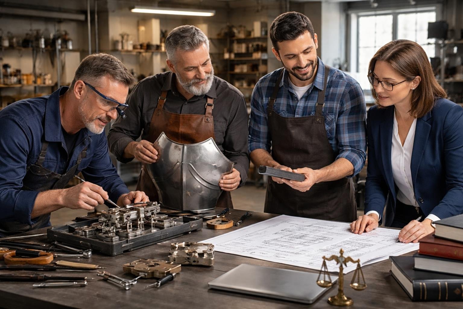 Quatre professionnels collaborant autour d'une table, examinant des outils, des pièces métalliques et des documents dans un atelier lumineux.