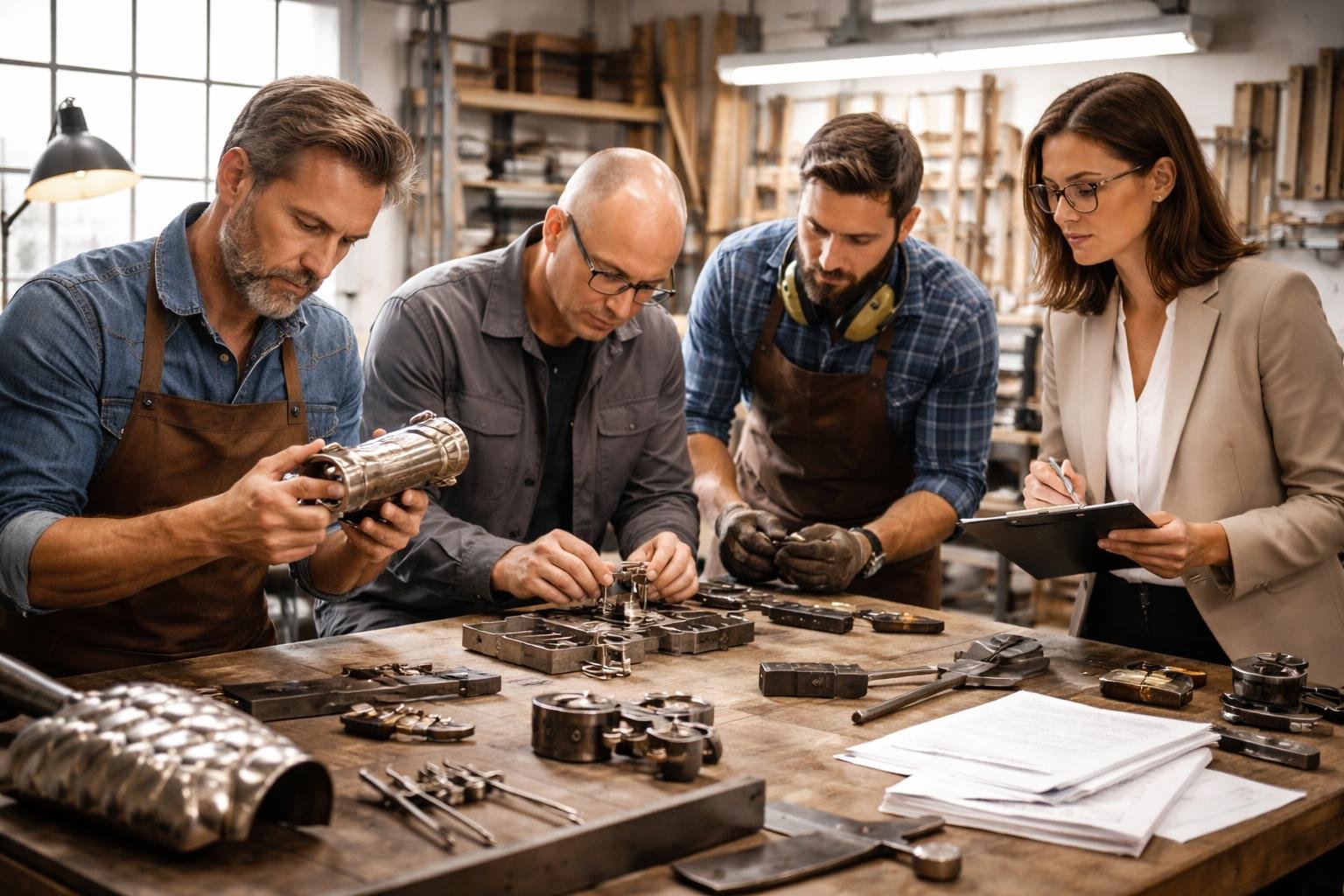 Trois artisans travaillant ensemble avec un juriste dans un atelier lumineux, examinant des pièces en métal et des serrures.