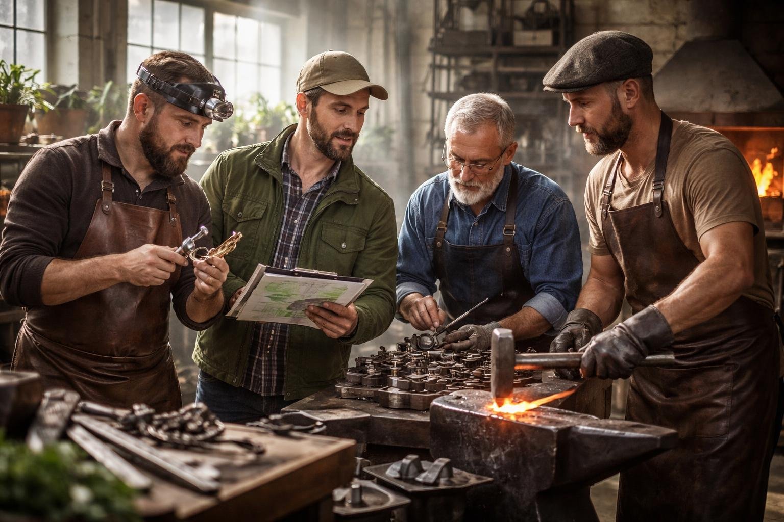 Quatre personnes dans un atelier : un armurier, un serrurier, un sidérurgiste et un agronome qui collaborent autour d'un établi avec des outils et du matériel agricole.