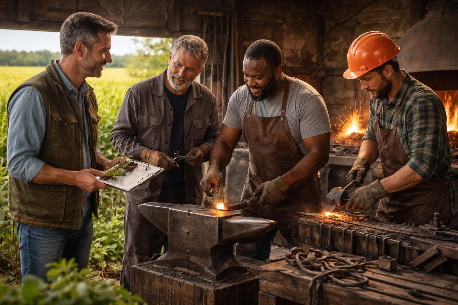 Un forgeron, un serrurier et un sidérurgiste travaillent ensemble dans une forge, discutant avec un agronome près de plantes et d'outils agricoles.