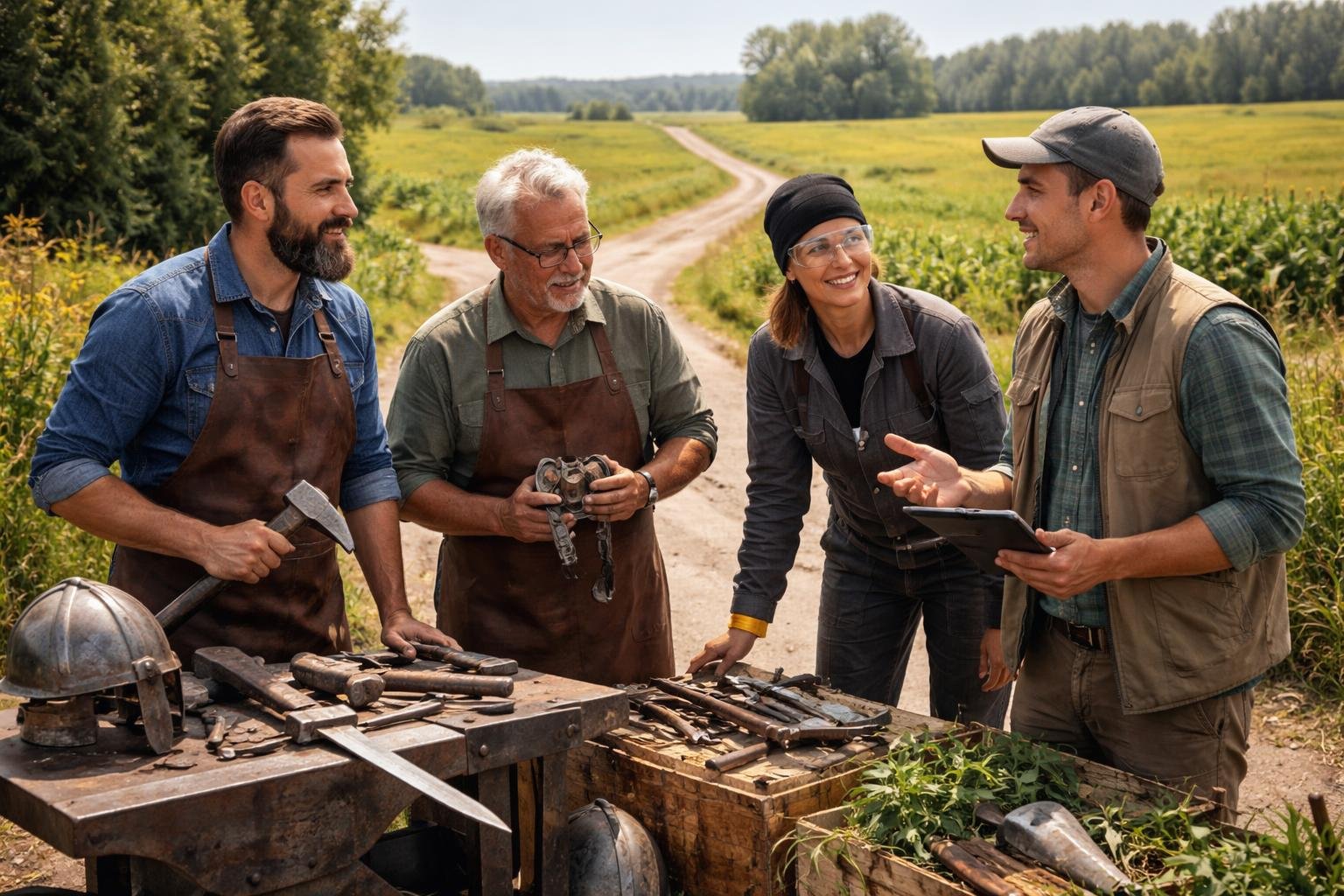 Un groupe de professionnels comprenant un armurier, un serrurier, un sidérurgiste et un agronome discutant ensemble à un carrefour en plein air, entourés d'outils et de champs.