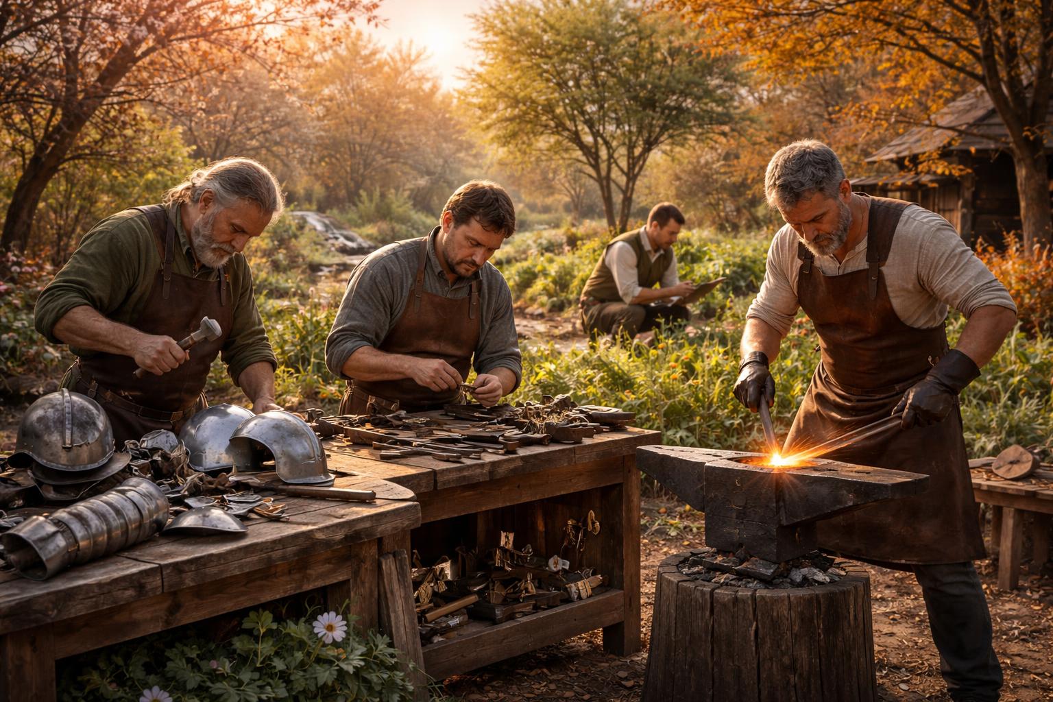 Des artisans travaillant ensemble en plein air avec des outils métalliques près d'un agronome qui observe des plantes en croissance, entourés d'éléments naturels évoquant les saisons.