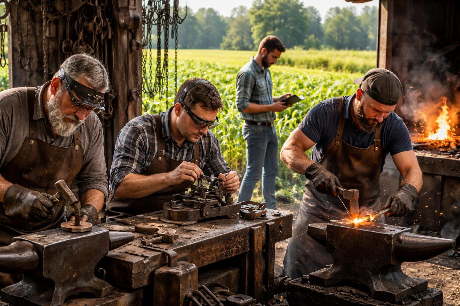 Trois spécialistes du métal travaillent ensemble dans un atelier près d'un agronome qui examine des plantes dans un champ.