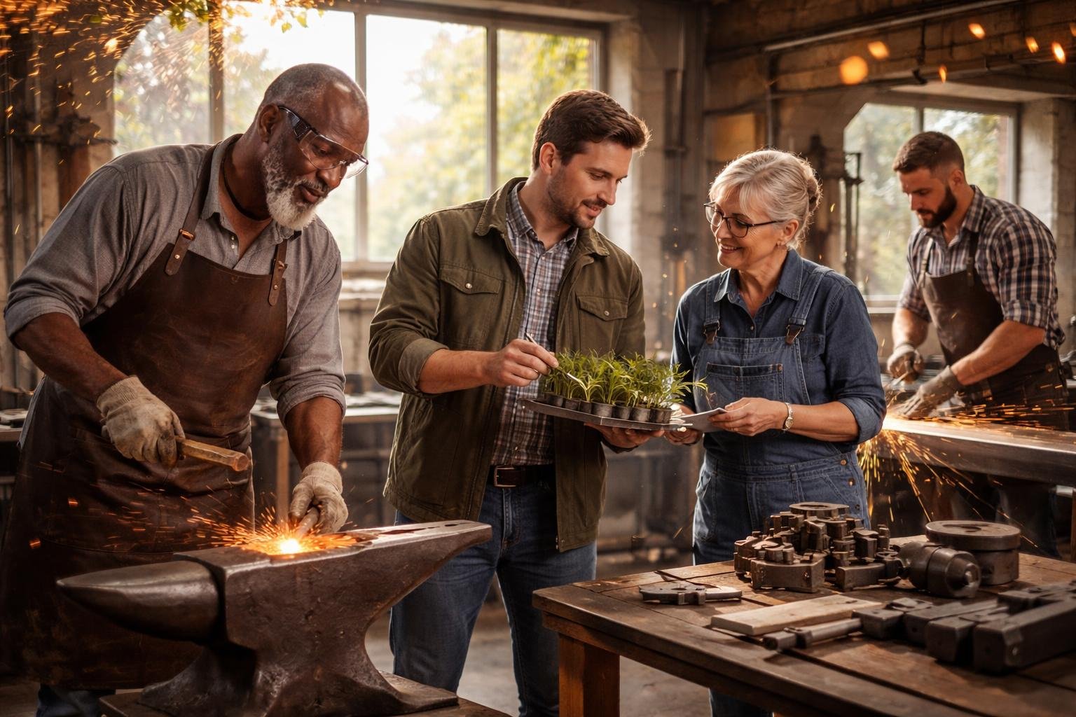 Un forgeron, un serrurier, un sidérurgiste et un agronome travaillent ensemble dans un atelier lumineux, combinant agriculture et métallurgie.