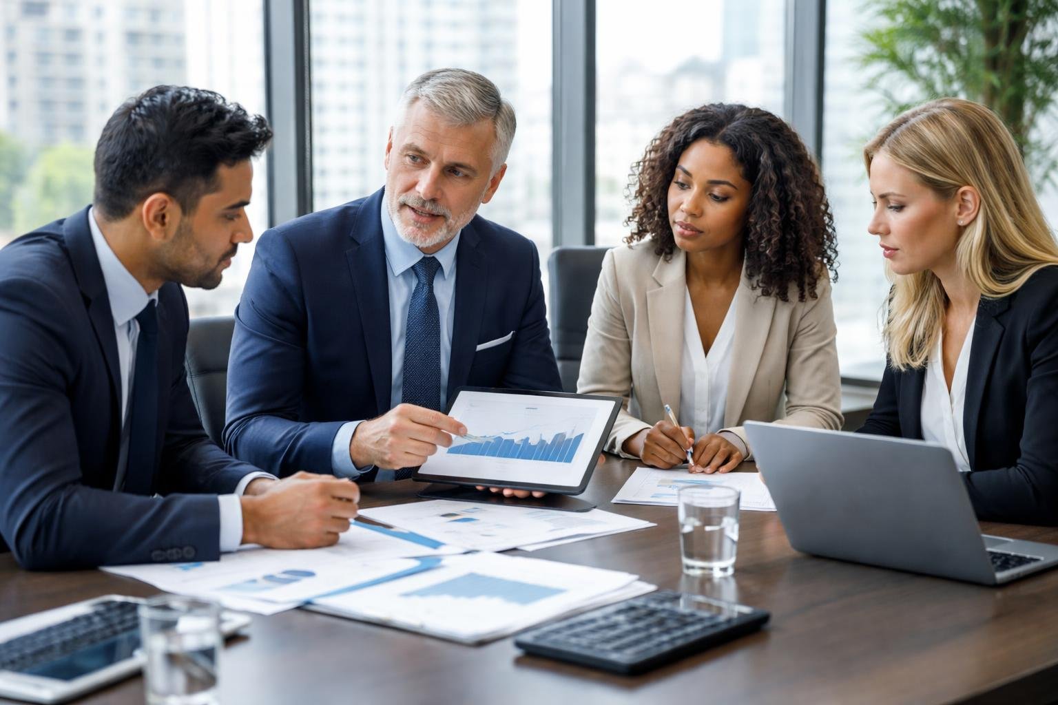 Quatre professionnels de la finance discutent autour d'une table de conférence dans un bureau moderne avec vue sur la ville.
