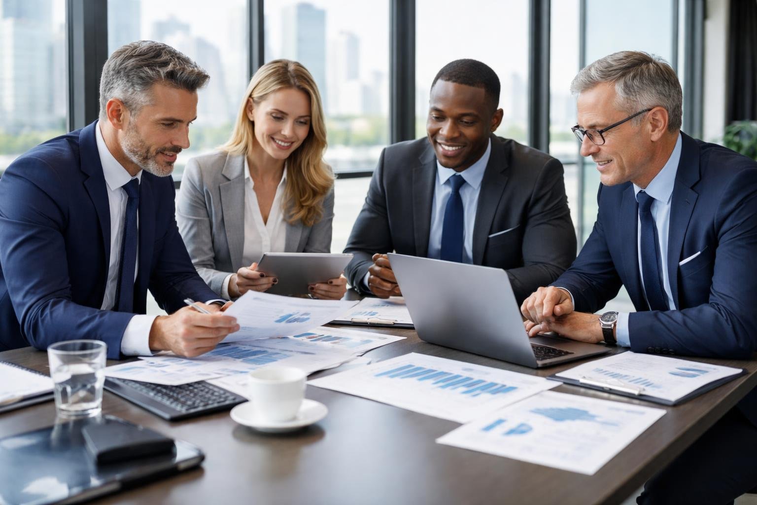 Un groupe de professionnels financiers en réunion dans un bureau moderne, discutant autour d'une table avec des documents et des ordinateurs portables.