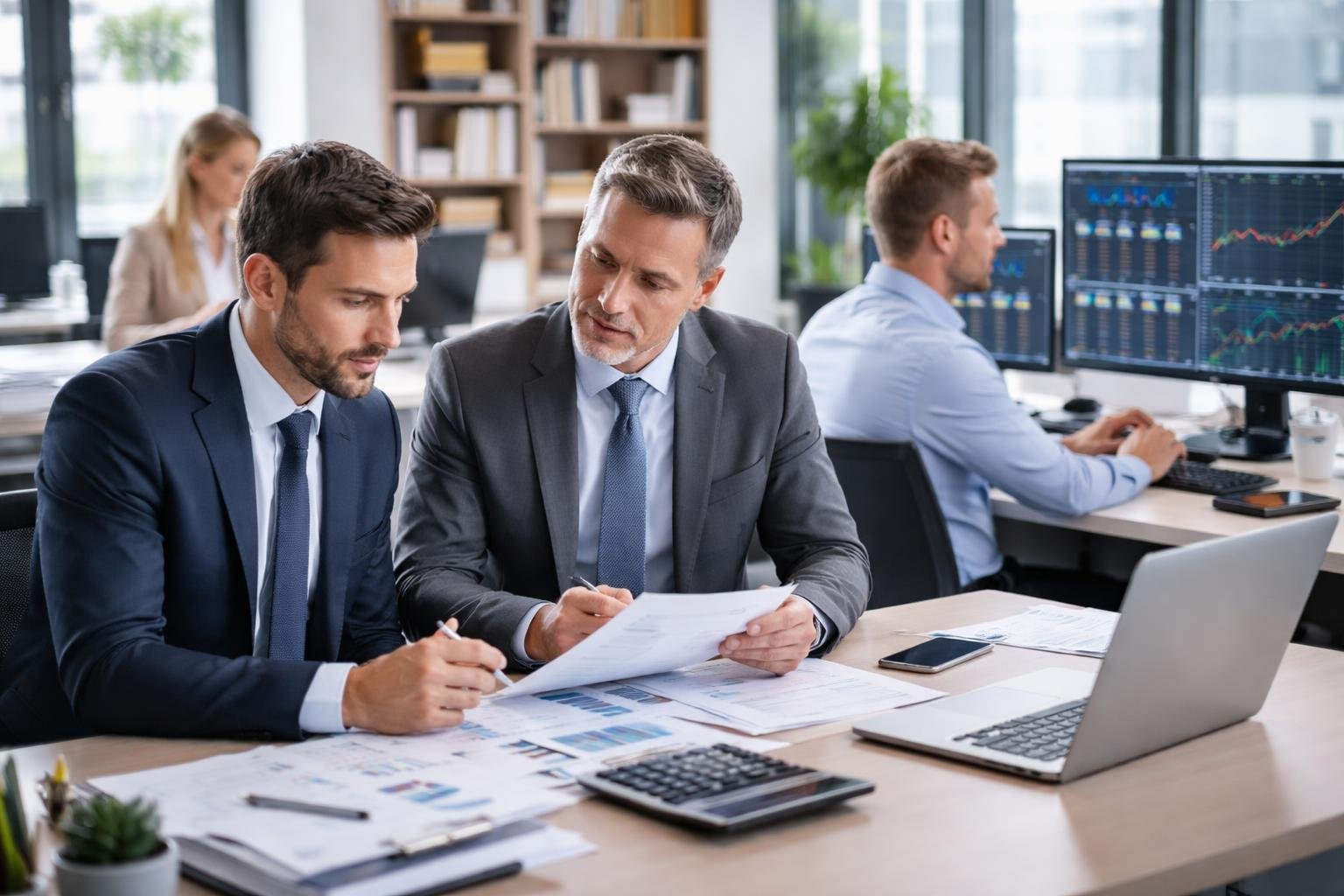 Des professionnels de la finance et des médias travaillent ensemble dans un bureau moderne lumineux.