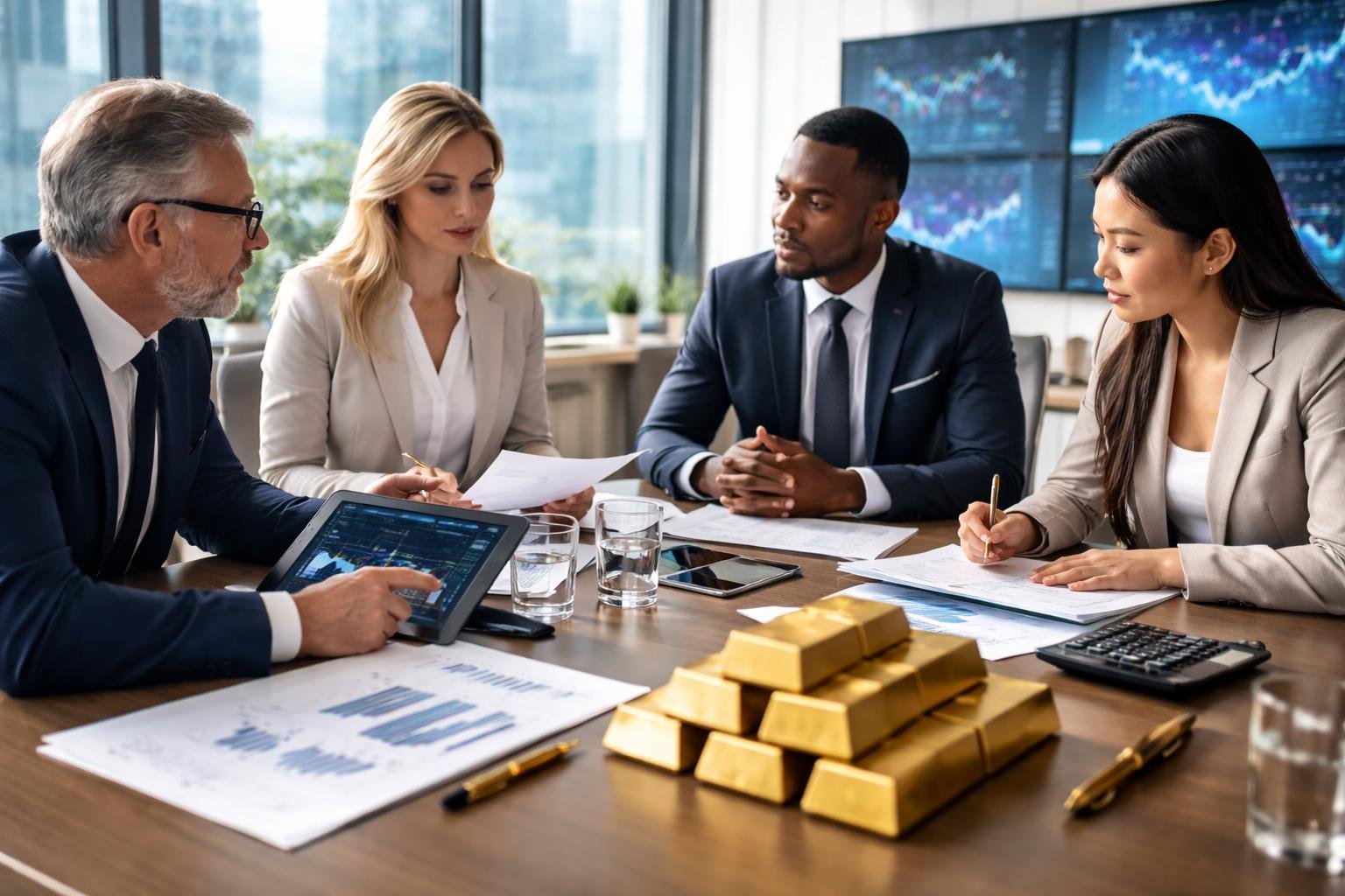 Un groupe de professionnels de la finance discutant autour d'une table dans un bureau moderne avec des graphiques financiers et des lingots d'or.