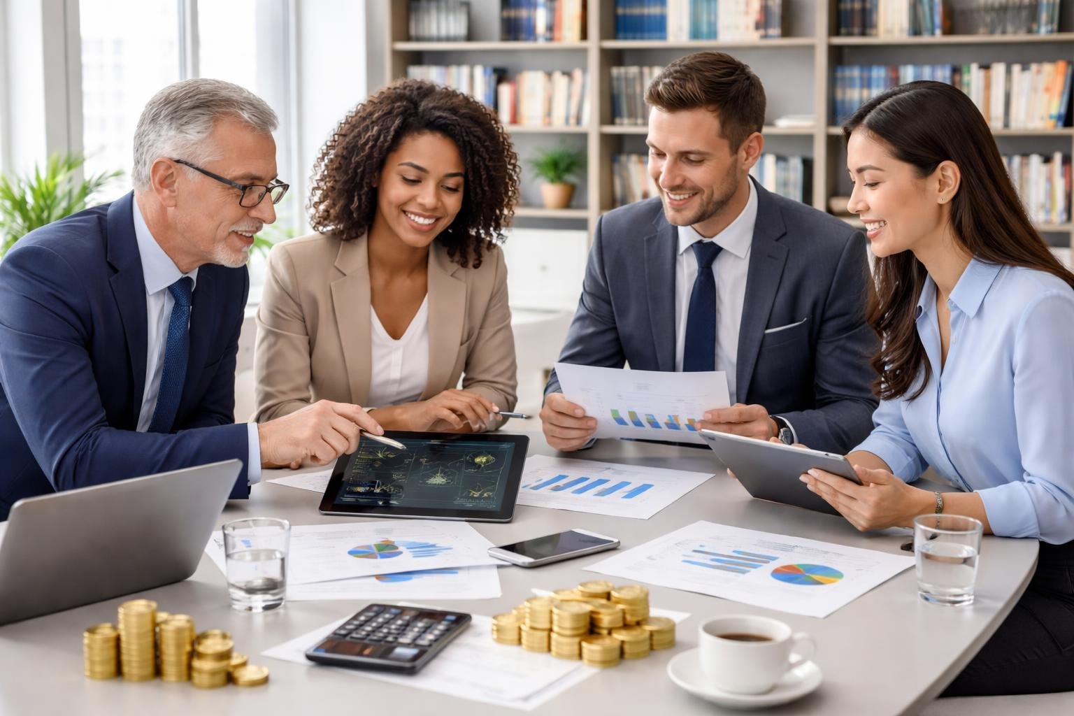 Quatre professionnels en réunion autour d'une table moderne avec des documents financiers et des appareils numériques dans un bureau lumineux.