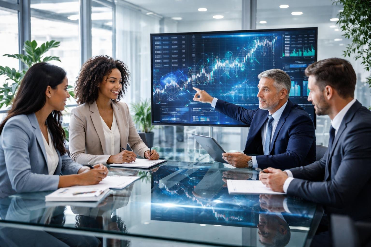 Un groupe de professionnels de la finance discutant autour d'une table dans un bureau moderne avec des écrans affichant des données financières.